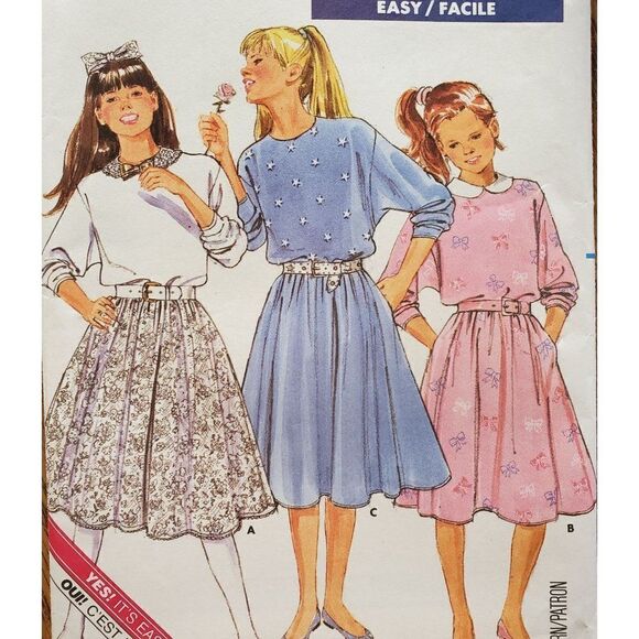 Vintage 80s Butterick Pattern 5861 Uncut Girls Dress Pull Over Flare 7 8 10 - Picture 1 of 4
